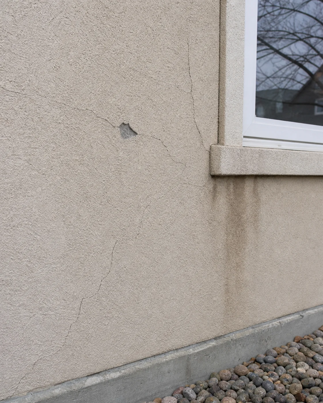Cracked and weather-stained stucco before professional repair