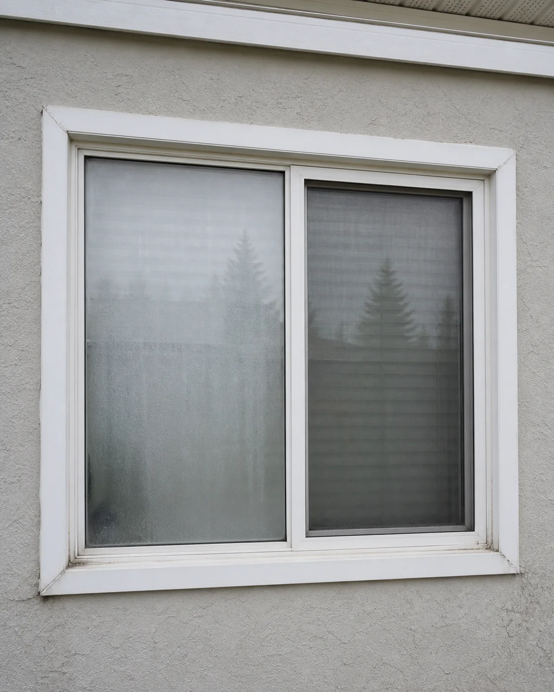 Older fogged residential window before professional replacement